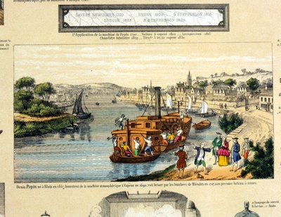 Denis Papin observando su barco de paletas destruido por los barqueros de Muenden en 1707 de French School
