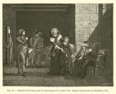 Salida de la reina hacia la Conciergerie, el 2 de agosto de 1793; según un grabado de Bouillon, 1795 de French School