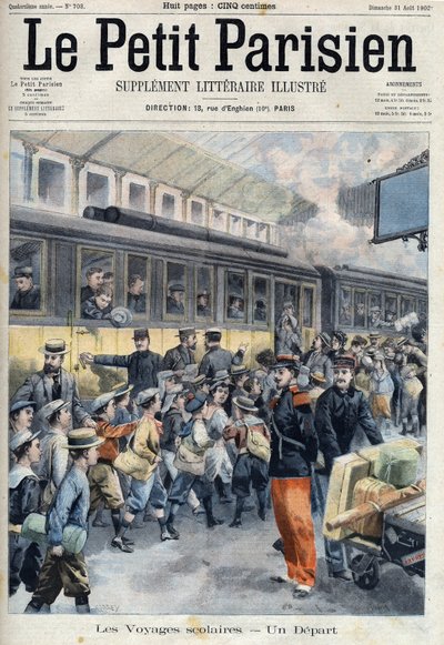 Salida en la estación para un viaje escolar. Los niños suben al tren, en "Le petit Parisien" de French School