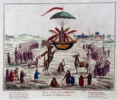 Partiendo la sátira del barco volador en la máquina voladora imaginada por Jean-Pierre Blanchard (1753-1809): burros, monos y ciegos miran la extraña máquina equipada con seis alas y un timón. Grabado de finales del siglo XVIII. París, Museo Carn de French School