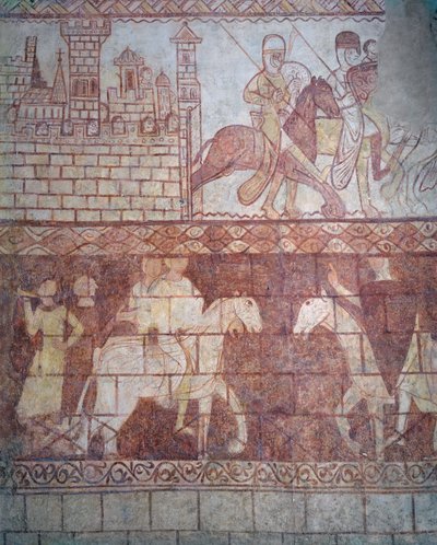 Partida de los caballeros templarios cruzados en 1163 desde su castillo sirio de Krak des Chevaliers para la batalla de Boquée de French School