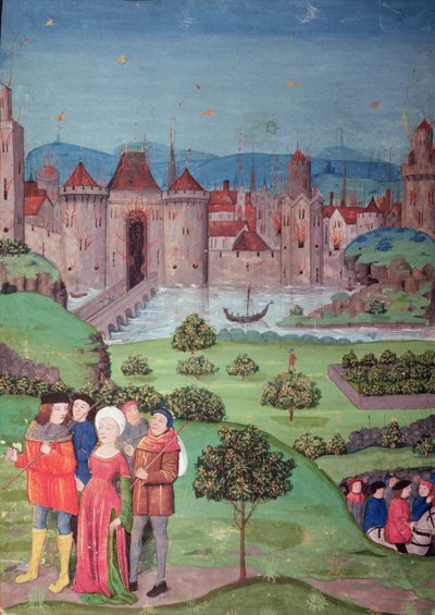 Salida de las tropas, escena del manuscrito "Chroniques de France", copia de la obra de Jean de Froissart (c.1333-1404) que relata la historia de Europa desde 1225 hasta 1400 de French School