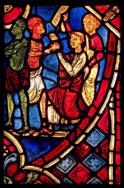 Teófilo haciendo un trato con un diablo; de la iglesia de Varennes-Jarcy (originalmente de la Abadía de Gercy?) de French School