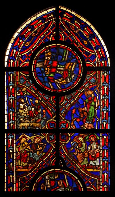 Parte de una ventana de la iglesia de Varennes-Jarcy (originalmente de la Abadía de Gercy?); escenas incluyen la Anunciación a los Pastores, la Sinagoga y ángeles músicos de French School