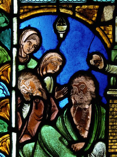 Una escena de la Vida de San Nicolás, ex Catedral de Troyes: el santo deja dinero a un hombre evitando así que sus hijas entren en la prostitución de French School