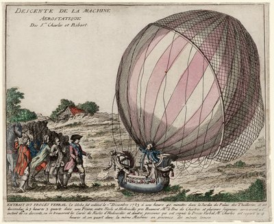 Descenso de la Máquina Aerostática de los Srs. Charles y Robert, pub. 1783 (grabado coloreado a mano) de French School