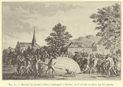 Descenso del primer globo de hidrógeno en Gonesse, donde es destrozado por los campesinos (grabado) de French School