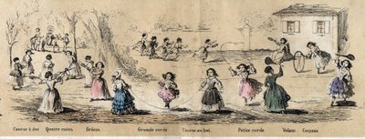 Descripción de los pasatiempos y juegos infantiles: juegos de niñas, juego de cuatro esquinas, saltar la cuerda, correr por el objetivo, aro y volante. Placa “los juegos de la infancia” en “les Recreations instructives” Pintura sinóptica de Jules DELBRUCK, de French School