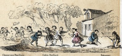 Descripción de las actividades y juegos de ocio infantil: juegos al aire libre, caza de mariposas, kickel y palo. Placa 