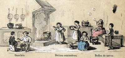 Descripción de los juegos y recreos infantiles: juegos de interior, osselets, niñas jugando a cocineras y burbujas de jabón. Placa “los juegos de la infancia” en “Las recreaciones instructivas” Pintura sinóptica de Jules DELBRUCK, grabado de 1860. Colecc de French School
