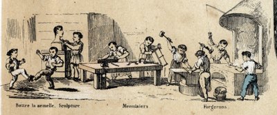 Descripción de los pasatiempos y juegos infantiles: aprender oficios de adultos (escultor, herrero y carpintero) por niños pequeños. Placa “los juegos de la infancia” en “les Recreations instructives” Pintura sinóptica de Jules DELBRUCK, grabado de 1860. C de French School