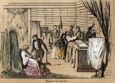 Descripción de la cultura y productos de la seda: una tienda de seda. Placa “la seda” en “les Recreations instructives” Pintura sinóptica de Jules DELBRUCK, grabado de 1860. Colección privada de French School