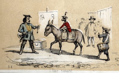 Descripción de diferentes productos y usos del burro: el burro sabio es utilizado por artistas de circo. en "Les Recreations instructives" pintura sinóptica de Jules DELBRUCK, grabado de 1860. Colección privada. de French School