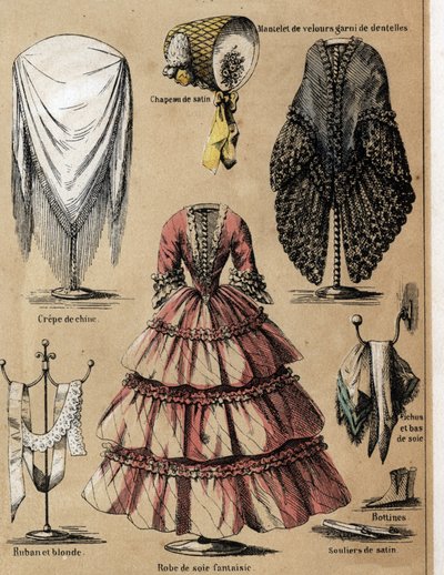Descripción de la cultura y productos de la seda: una lima en crepé de China, un abrigo de terciopelo con encaje, mangas de seda y un vestido de fantasía. Placa “la soie” en “les Recreations instructives” Pintura sinóptica de Jules Delbruck, grabado de 186 de French School