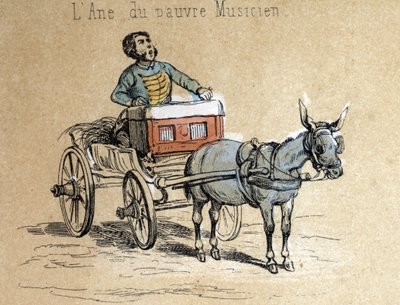 Descripción de los diferentes productos y usos del burro: el animal acompaña al músico ambulante (detalle). Placa 