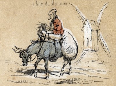 Descripción de los diferentes productos y usos del burro: el animal ayuda al molinero. Detalle de la tabla “El burro y sus productos” en “Les Recreations instructives” pintura sinóptica de Jules Delbruck, grabado de 1860. Colección privada de French School