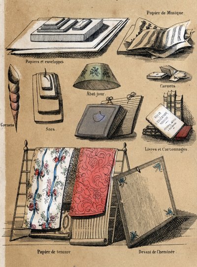 Descripción de los diferentes productos y usos del papel: diferentes objetos hechos de papel (sobres, partituras, bolsas, pantallas de lámparas, cuadernos y libros, papel tapiz). en "Le papier et ses produits" en "les Recreations instructives" pintura sinó de French School