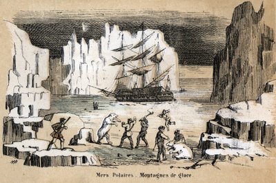 Descripción de los diferentes tipos de paisajes y relieves según la geografía: detalle que representa un paisaje ártico con osos polares, icebergs. Placa “Geografía Física” en “les Recreations instructives” Pintura sinóptica de Jules DELBRUCK, grabado de 1 de French School