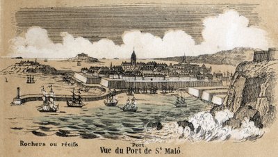 Descripción de los diferentes tipos de paisajes y relieves según la geografía: detalle que representa el puerto de Saint Malo en Bretaña. Placa “Geografía Física” en “Las recreaciones instructivas” Pintura sinóptica de Jules DELBRUCK, grabado de 1860. Co de French School