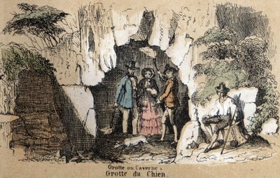 Descripción de los diferentes tipos de paisajes y relieves según la geografía: detalle que representa visitantes en la cueva del perro. Placa “Geografía Física” en “les Recreations instructives” Pintura sinóptica de Jules DELBRUCK, grabado de 1860. Colecci de French School
