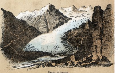 Descripción de los diferentes tipos de paisajes y relieves según la geografía: detalle que representa un glaciar (o mar de hielo) en una cordillera. Placa “Physical Geography” en “les Recreations instructives” Pintura sinóptica de Jules Delbruck. de French School