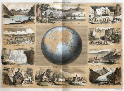 Descripción de los diferentes tipos de paisajes y relieves según la geografía: en el centro la Tierra o globo con indicaciones de los mares y océanos, continentes, islas, cordilleras, golfos, cabos, estrechos e istmos. Vista del Lago de Ginebra de French School