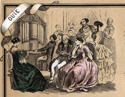 Descripción de los cinco sentidos: detalle del oído, un concierto de música durante una velada social. Placa “Les cinq sens” en “les Recreations instructives” Pintura sinóptica de Jules Delbruck, grabado de 1860. de French School