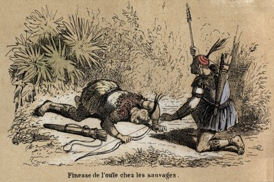 Descripción de los cinco sentidos: detalle del oído, el oído parece más desarrollado y fino en las poblaciones indígenas. Placa “Los cinco sentidos” en “Las recreaciones instructivas” Pintura sinóptica de Jules Delbruck, grabado de 1860. Colección privad de French School