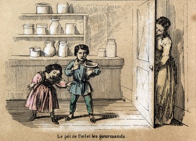 Descripción de los cinco sentidos: detalle del gusto, dos niños golosos atrapados por su madre que esconde una olla con sabor amargo entre los otros frascos de azúcar. Placa “Los cinco sentidos” en “les Recreations instructives” Pintura sinóptica de Jules  de French School