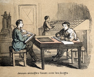Descripción de los cinco sentidos: detalle del tacto, jóvenes ciegos usan el tacto para descifrar textos a través del alfabeto Braille, un sistema de escritura táctil. Placa “Los cinco sentidos” en “Les Recreations instructives” pintura sinóptica de Jules  de French School