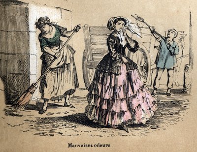 Descripción de los cinco sentidos: olfato, una burguesa tapándose las fosas nasales para no oler los malos olores del estiércol y el excremento. Placa “Les cinq sens” en “les Recreations instructives” Pintura sinóptica de Jules Delbruck, grabado de 1860. de French School