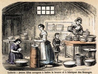 Descripción de los diversos trabajos y productos de la oveja: jóvenes lecheros haciendo mantequilla y quesos en una lechería. Placa “Las ovejas” en “les Recreations instructives” Pintura sinóptica de Jules DELBRUCK, grabado de 1860. Colección privada de French School