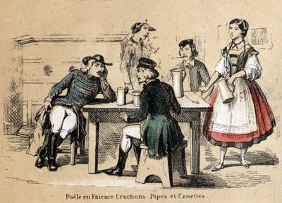 Descripción de las diversas etapas de fabricación y usos de la arcilla: productos de arcilla (estufa de loza, jarras, pipas y latas). Placa “La arcilla y sus productos” en “Les Recreations instructives” Pintura sinóptica de Jules DELBRUCK, grabado de 1860. de French School