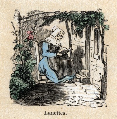 Descripción de las diversas etapas de fabricación y usos del vidrio: uso de gafas. Placa “El vidrio y sus productos” en “Las recreaciones instructivas” Pintura sinóptica de Jules DELBRUCK, grabado de 1860. Colección privada de French School
