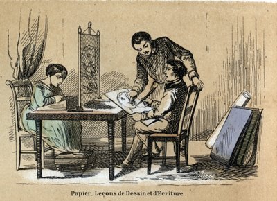 Descripción de los diversos productos y usos del papel: un tribunal de dibujo y escritura. Placa “Le papier et ses produits” en “les Recreations instructives” Pintura sinóptica de Jules Delbruck, grabado de 1860. de French School