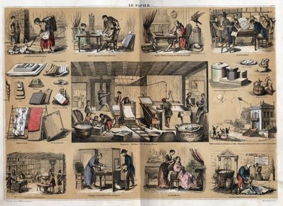 Descripción de los diversos productos y usos del papel: en el centro están las actividades en una papelería, fabricación de papel a partir de trapos, pulpa, formas y prensa. Varios usos, papel de dibujo, el científico Buffon escribiendo su Historia Natural de French School