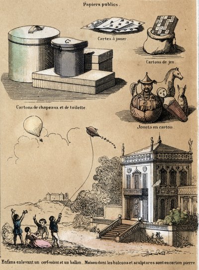 Descripción de los diversos productos y usos del papel: cajas de cartón y sombreros, naipes, juegos como cometas o globos. Placa “El papel y sus productos” en “Las recreaciones instructivas” Pintura sinóptica de Jules Delbruck, grabado de 1860. Colección de French School