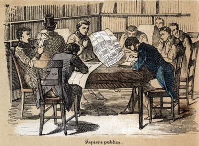 Descripción de los diversos productos y usos del papel: lectura de periódicos públicos. Placa “Le papier et ses produits” en “les Recreations instructives” Pintura sinóptica de Jules Delbruck, grabado de 1860. de French School