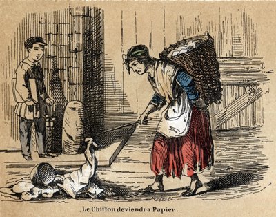 Descripción de los diversos productos y usos del papel: la recolección de trapos viejos de los cuales se deriva el papel. Placa “El papel y sus productos” en “les Recreations instructives” Pintura sinóptica de Jules Delbruck, grabado de 1860. Colección pri de French School