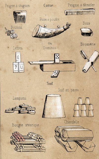 Descripción de los diversos productos y usos de la vaca: todo tipo de objetos hechos de cuerno y hueso, peines, juegos y cajas, velas y seguimientos. Placa “La coache et ses produits” en “les Recreations instructives” Pintura sinóptica de Jules DELBRUCK de French School