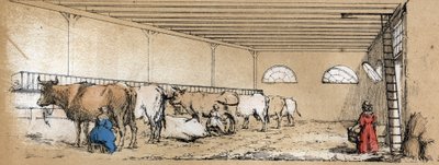 Descripción de los diversos productos y usos de la vaca: ordeño y producción de leche de vaca, visto desde un establo. Placa “La vaca y sus productos” en “Las recreaciones instructivas” Pintura sinóptica de Jules DELBRUCK, grabado de 1860. Colección priv de French School