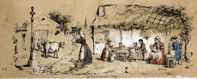 Descripción de los diversos productos y usos de la vaca: escena de la vida cotidiana en un pueblo. Placa “La vaca y sus productos” en “Les Recreations instructives” pintura sinóptica de Jules Delbruck, grabado de 1860. Colección privada de French School