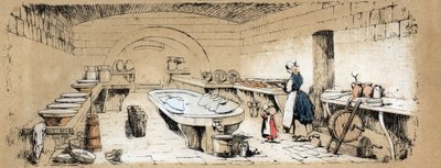 Descripción de los diversos productos y usos de la vaca: vista de una lechería haciendo queso. Placa “La vaca y sus productos” en “Las recreaciones instructivas” Pintura sinóptica de Jules DELBRUCK, grabado de 1860. Colección privada de French School