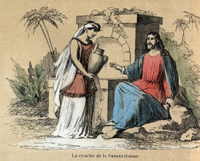 Descripción de las diversas etapas de fabricación y usos de la arcilla: Jesús y la Samaritana llevando una jarra de arcilla en la Biblia. Placa “La arcilla y sus productos” en “Les Recreations instructives” Pintura sinóptica de Jules DELBRUCK, grabado de 1 de French School