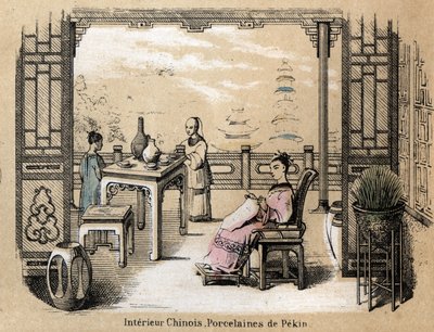 Descripción de las diversas etapas de fabricación y usos de la arcilla: un interior chino con porcelana de Pekín. Placa “La arcilla y sus productos” en “Les Recreations instructives” Pintura sinóptica de Jules DELBRUCK, grabado de 1860. Colección privada de French School