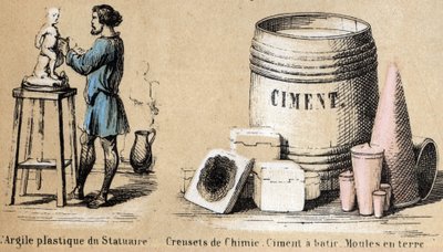 Descripción de las diversas etapas de fabricación y usos de la arcilla: un escultor moldeando arcilla y usando arcilla para cemento y moldes de tierra. Placa “La arcilla y sus productos” en “Les Recreations instructives” pintura sinóptica de Jules Delbruck de French School