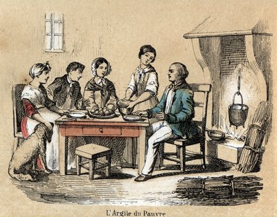 Descripción de las diversas etapas de fabricación y usos de la arcilla: el uso de la arcilla en los internos pobres, una familia reunida en la mesa comiendo en platos de arcilla de calidad mediocre. Placa “La arcilla y sus productos” en “Las recreaciones de French School
