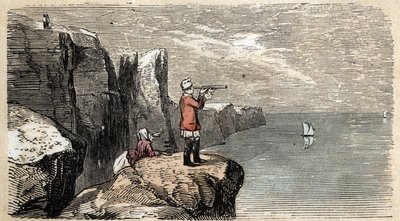 Descripción de las diversas etapas de fabricación y usos del vidrio: el uso de la larga vista para observar el regreso de los marineros que se fueron al mar. Placa “El vidrio y sus productos” en “Les Recreations instructives” Pintura sinóptica de Jules DEL de French School