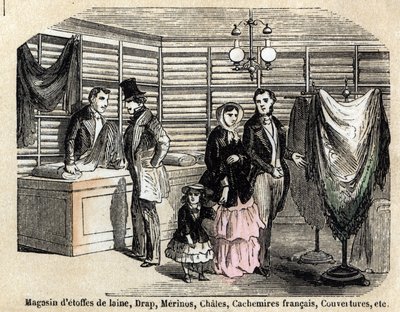 Descripción de los diversos usos y productos hechos de oveja: vista de una tienda de telas de lana y tejidos, sábanas, cachemira. en "Les moutons" en "les Recreations instructives" pintura sinóptica de Jules DELBRUCK, grabado de 1860. Colección privada. de French School