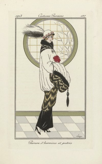 Diseño para conjunto de armiño y turón, de Costumes Parisien, pub.1913 (impresión en pochoir) de French School